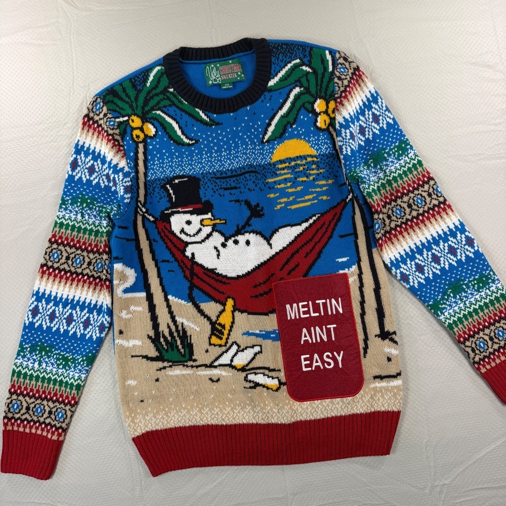 Ugly Christmas Sweater Mens Small Snowman Beach Meltin Aint Easy Tropical - Picture 1 of 9